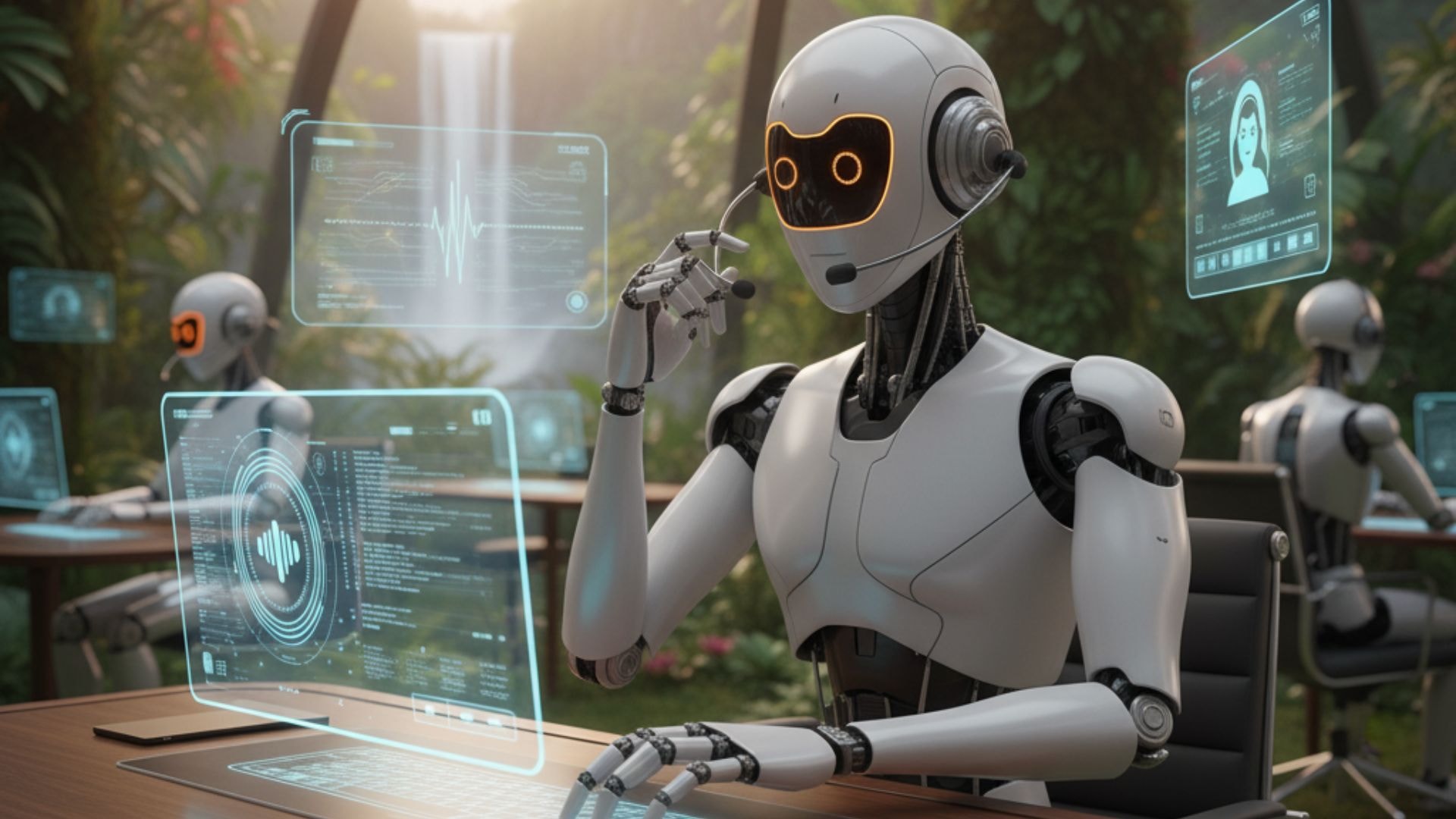 Illustration of an AI receptionist answering customer calls for a small business office