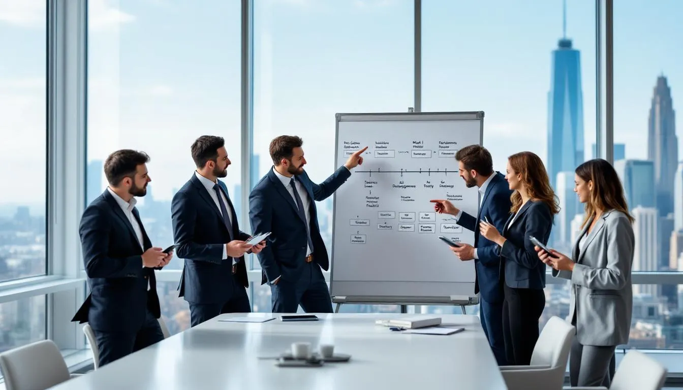 A diverse business team collaborates around a conference table, discussing an AI implementation timeline and milestones to enhance customer interactions and improve customer satisfaction. They are focused on integrating an AI phone answering system to handle incoming calls and streamline communication for their growing business.