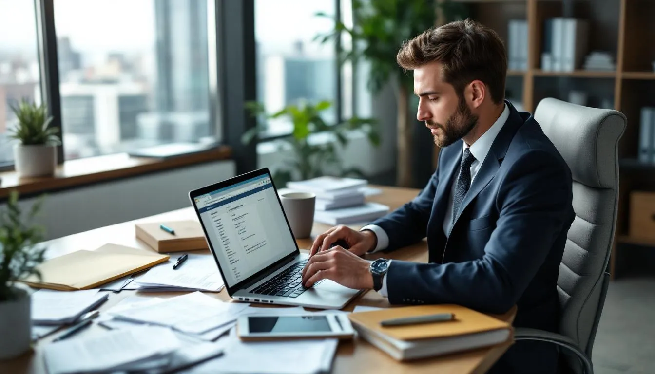 Professional man working remotely on a computer in a home office.