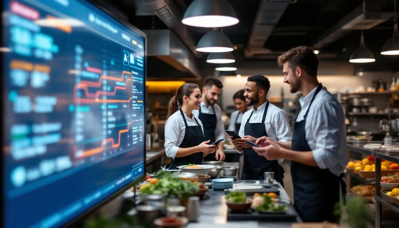 The image depicts restaurant staff efficiently coordinating with an AI phone answering system during a busy dinner service, managing multiple inbound calls and customer interactions. The team utilizes the AI answering service to enhance customer satisfaction by answering common questions and routing calls, ensuring a personalized service experience even during peak hours.