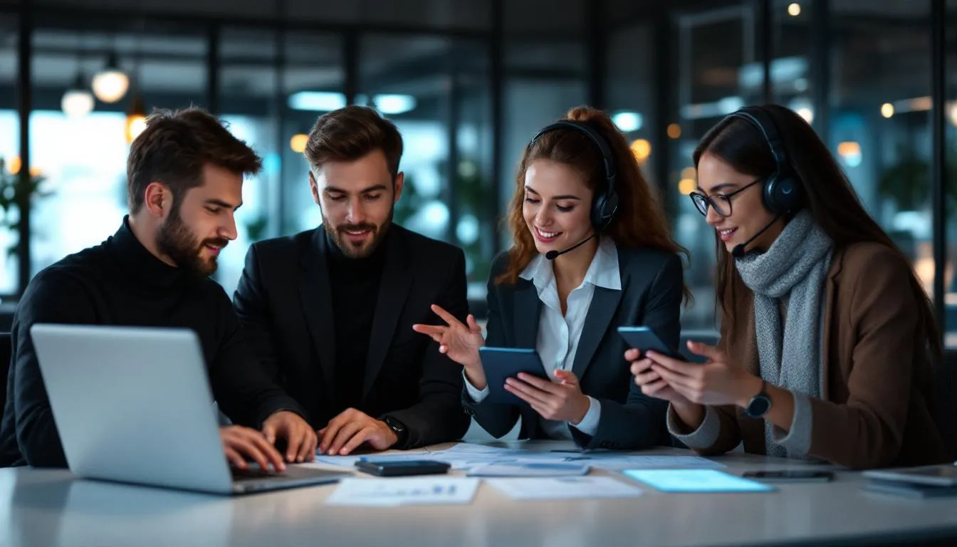 The image depicts various industry professionals engaged in using different AI answering services, showcasing a blend of AI phone agents and human agents managing inbound calls, answering common customer requests, and enhancing customer interactions. These professionals are seen utilizing phone menus, handling multiple calls, and improving customer satisfaction through personalized service during peak business hours.