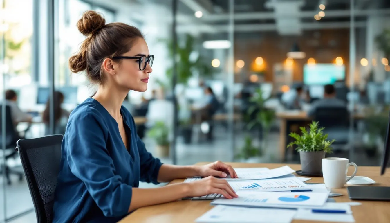 An office scene shows a customer service representative reviewing AI-generated call summaries and data on a computer screen, highlighting insights from inbound calls and customer interactions. The representative is focused on improving customer satisfaction and enhancing the overall customer experience through the use of an AI phone answering system.