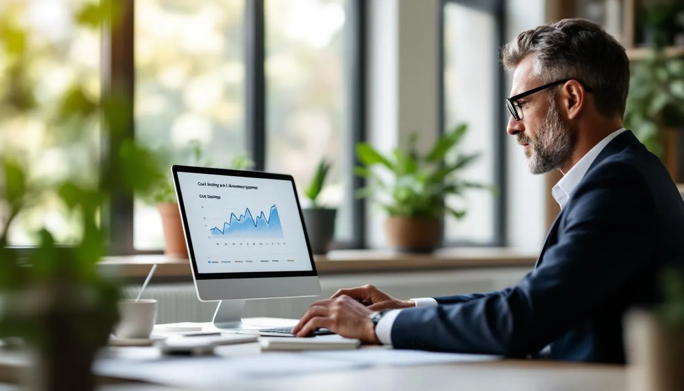 A business owner is sitting at a desk, reviewing documents and charts that illustrate cost savings from implementing an AI answering service. The image highlights the benefits of using an AI phone answering system to handle inbound calls, improve customer satisfaction, and manage call volume effectively, allowing for better customer interactions and business growth.