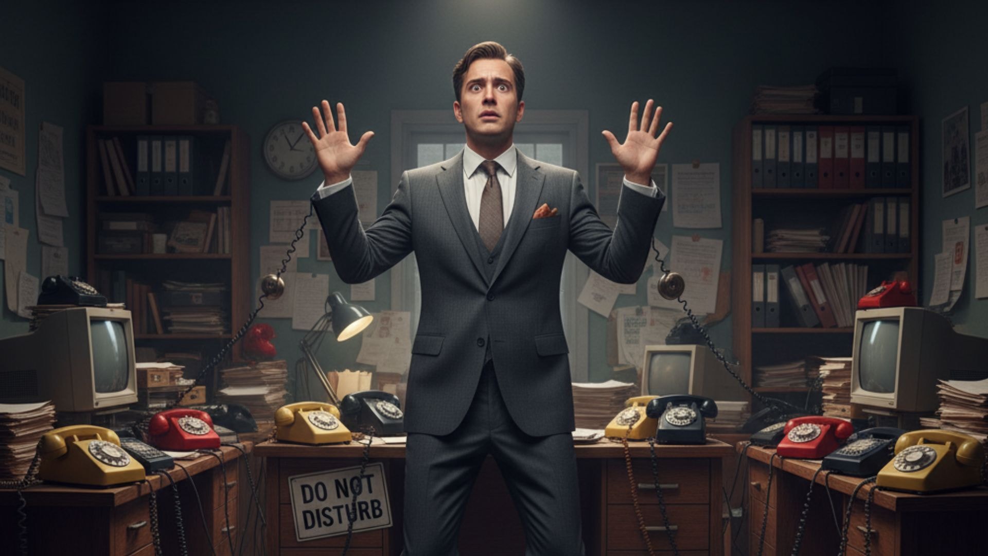 The image depicts a man looking overwhelmed as he struggles to manage multiple phone calls, highlighting the challenges faced by small business owners in answering customer inquiries. This scenario emphasizes the need for a reliable answering service or virtual receptionist services to handle calls efficiently and improve customer satisfaction.