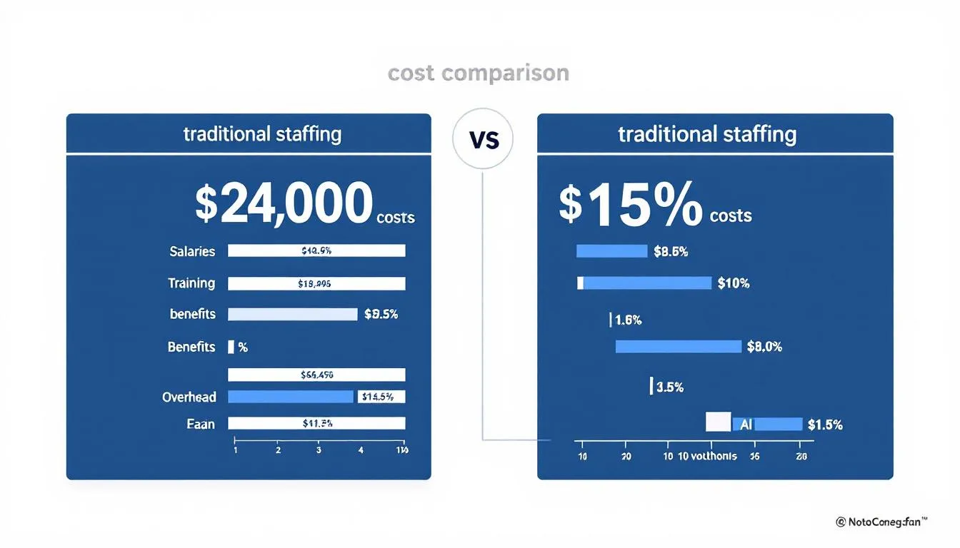The image is a comparison chart illustrating the cost savings between AI answering services and traditional staffing, highlighting metrics such as call volume, customer satisfaction, and the efficiency of handling inbound calls. It visually represents how AI phone answering systems can improve customer interactions and reduce missed calls compared to human agents.