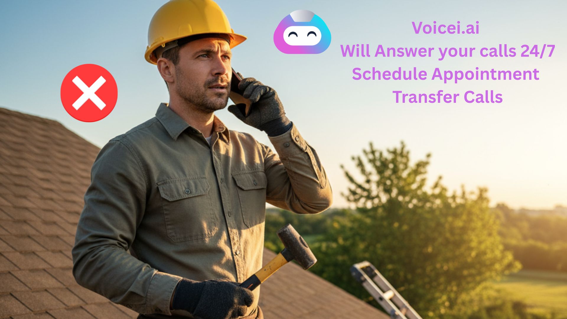 Roofer answering a business phone call in the office, providing customer support for roofing services.