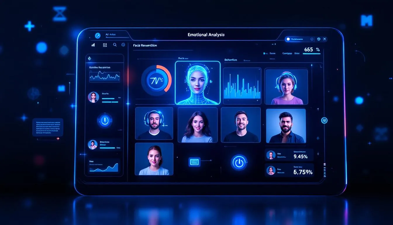 The image depicts a futuristic AI interface showcasing emotional analysis alongside video integration, designed to enhance customer interactions. It highlights features such as answering calls, handling multiple inbound calls, and providing personalized service to improve customer satisfaction for businesses.