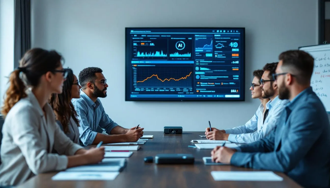 The image depicts a customer service team engaged in training on an AI phone answering system, focusing on how to handle inbound calls and improve customer satisfaction through effective customer interactions. Participants are discussing strategies for answering common customer requests and managing call volume, while learning to utilize the AI answering services to enhance the overall customer experience.