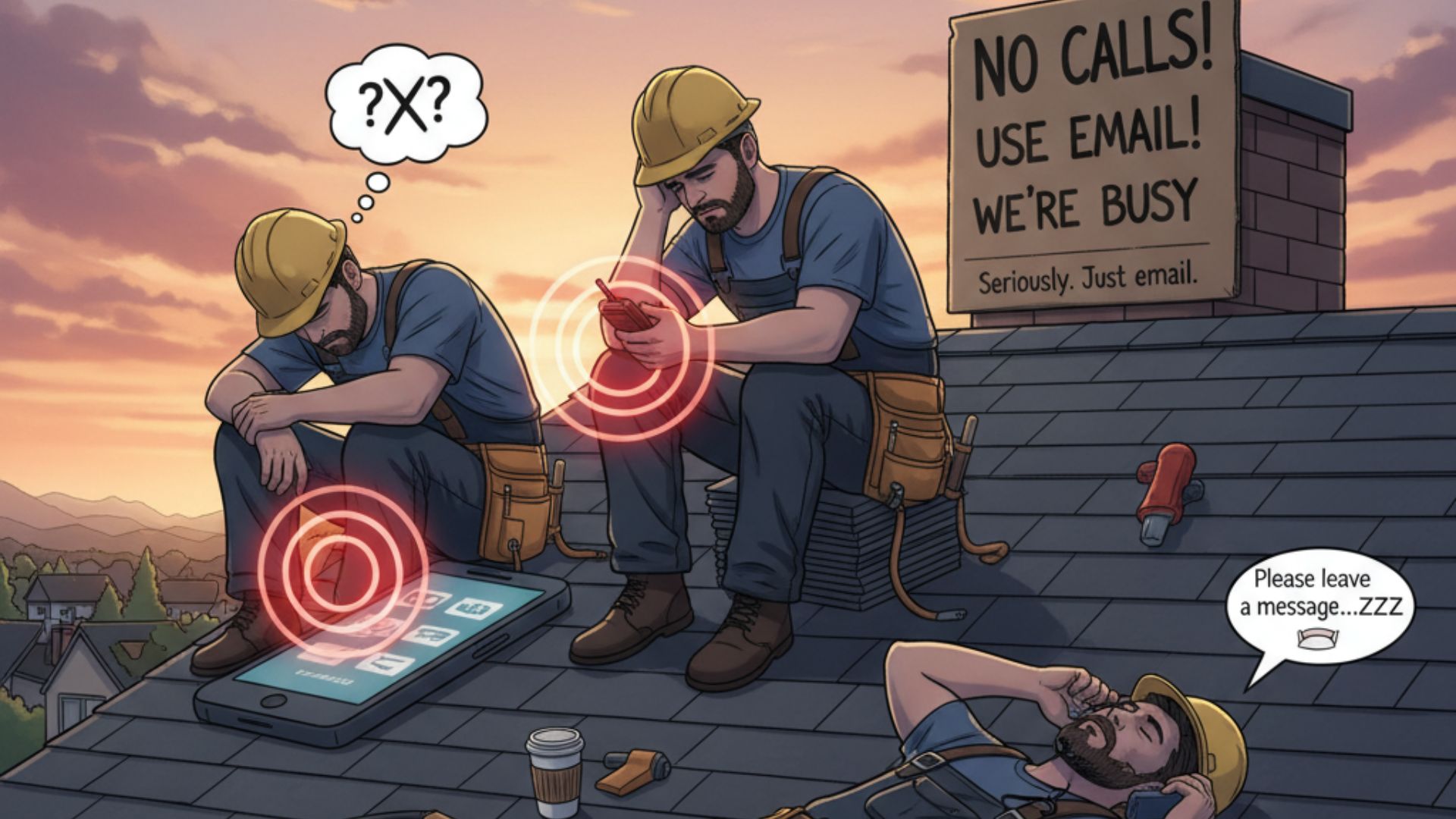 Tired roofers ignoring calls on rooftop, promoting Voicei.ai 24/7 AI receptionist for home services.