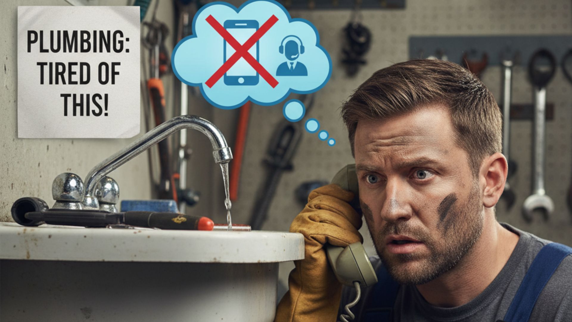 Frustrated plumber on phone wishing for Voicei.ai AI answering service to handle customer calls.